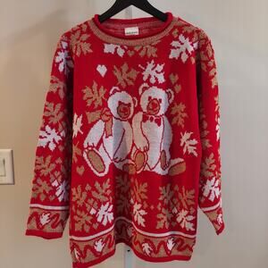 Vintage Bear Holiday Sweater Small Oversized 80s Long Length Tacky Metallic‎